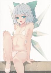 Rule 34 | 1girl, :d, absurdres, bare shoulders, bikini, blue eyes, blue hair, blush, bow, breasts, cirno, collarbone, covered erect nipples, fairy wings, fang, fingernails, flat chest, hair bow, highres, ice, ice wings, looking at viewer, micro bikini, mikoma sanagi, nail polish, navel, non-web source, open mouth, pink nails, scan, short hair, skin fang, skindentation, small breasts, smile, solo, stomach, strap gap, string bikini, swimsuit, touhou, white bikini, white footwear, wings
