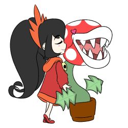 Rule 34 | 1girl, artist request, ashley (warioware), black hair, child, closed mouth, dress, eyebrows, closed eyes, flower pot, full body, hairband, heart, kiss, leaf, long hair, long sleeves, mario (series), nintendo, no eyes, open mouth, orange hairband, orange neckwear, piranha plant, plant, polka dot, potted plant, profile, red dress, red footwear, sharp teeth, sidelocks, simple background, skull, smile, super mario bros. 1, teeth, tongue, twintails, warioware, white background