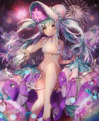 Rule 34 | 1girl, bad id, bad pixiv id, bare legs, barefoot, beads, bikini, blue hair, blurry, bonnet, breasts, chin strap, closed mouth, cup, depth of field, drink, drinking glass, fireworks, flower, frills, gambe, holding, holding cup, holding drinking glass, hydrangea, knee up, lens flare, light particles, long hair, looking at viewer, medium breasts, night, night sky, outstretched arm, pink ribbon, ribbon, showgirl skirt, sitting, sky, smile, solo, sparkle, splashing, swimsuit, sword girls, two side up, very long hair, water, water drop, wet, white bikini