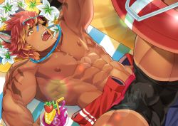Rule 34 | 1boy, abs, bad id, bad pixiv id, bandaid, bandaid on face, bandaid on nose, bara, bare pectorals, black male swimwear, blush, bulge, cocktail glass, cup, dark-skinned male, dark skin, drinking glass, league of legends, lying, male focus, male swimwear, min (bellta), muscular, muscular male, navel, nipples, official alternate costume, on back, pectorals, sett (league of legends), short hair, solo, spread legs, stomach, swim briefs, tan, thick thighs, thighs