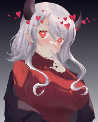 Rule 34 | 1girl, absurdres, bad id, bad pixiv id, blazer, blush, breasts, closed mouth, clothes pull, demon horns, earrings, finger to mouth, hair between eyes, heart, heart earrings, heart print, helltaker, highres, horns, jacket, jacket pull, jewelry, lance5745, large breasts, long hair, looking at viewer, modeus (helltaker), nail polish, red eyes, red nails, red sweater, silver hair, solo, sweater, upper body