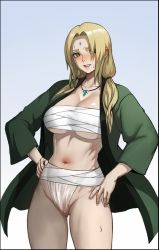 Rule 34 | 1girl, bad id, bad pixiv id, bandages, blonde hair, blush, breasts, brown eyes, cameltoe, collarbone, crystal, facial mark, fingernails, fundoshi, gradient background, hair over one eye, hand on own hip, japanese clothes, jewelry, large breasts, long hair, mature female, naruto, naruto (series), navel, necklace, p-gnesium, parted lips, sarashi, smile, solo, standing, sweat, tsunade (naruto), twintails