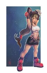 Rule 34 | 1girl, absurdres, armpits, arms behind head, breasts, brown hair, final fantasy, final fantasy vii, fingerless gloves, gloves, highres, large breasts, legs, lipstick, long hair, looking at viewer, makeup, midriff, navel, purple lips, red eyes, skirt, solo, square enix, suspenders, tank top, thighs, tifa lockhart, toned