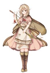 Rule 34 | 1girl, apron, arrow (projectile), blonde hair, blush, boots, bow, bow (weapon), bracelet, braid, brown eyes, cape, faye (fire emblem), fire emblem, fire emblem echoes: shadows of valentia, fire emblem heroes, full body, fuussu (21-kazin), highres, jewelry, long hair, low-braided long hair, low-tied long hair, nintendo, simple background, solo, twin braids, weapon, white background