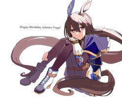 Rule 34 | 1girl, admire vega (umamusume), animal ears, blush, boots, brown hair, ear covers, english text, hair between eyes, happy birthday, highres, horse ears, horse girl, horse tail, hugging own legs, long hair, long sleeves, looking at viewer, low ponytail, mitsusaka mitsumi, ponytail, purple eyes, shirt, simple background, single ear cover, sitting, smile, solo, tail, umamusume, very long hair, white background
