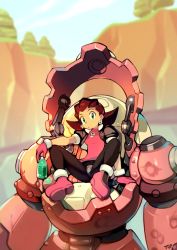 Rule 34 | 1girl, black pantyhose, boots, bottle, brown hair, capcom, cockpit, commentary, cropped jacket, crotch plate, day, dress, english commentary, gloves, green eyes, hair pulled back, hairband, looking at viewer, m legs, mecha, mega man (series), mega man legends (series), microdress, optionaltypo, pantyhose, pink footwear, pink gloves, pink hairband, platform boots, platform footwear, puffy short sleeves, puffy sleeves, robot, short sleeves, sitting, solo, spread legs, sweat, tron bonne (mega man), water bottle