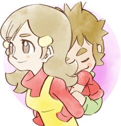 Rule 34 | 1boy, 1girl, 5-volt, 9-volt, apron, brown eyes, brown hair, carrying, green pants, long hair, lowres, mother and son, nintendo, official art, pants, piggyback, red sweater, sleeping, smile, sweater, takeuchi kou, third-party source, warioware, warioware: get it together!, yellow apron