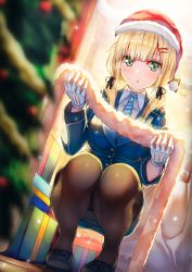 Rule 34 | 1girl, 90i, :o, aqua necktie, bad id, bad pixiv id, black bow, black footwear, black pantyhose, black ribbon, blonde hair, blue jacket, blue necktie, blue skirt, blunt bangs, blurry, blush, bow, box, breasts, buttons, christmas, christmas tree, collared shirt, depth of field, diagonal-striped clothes, diagonal-striped necktie, dress shirt, dutch angle, emilia (krt girls), floor, fur-trimmed headwear, fur trim, gift, gift box, gloves, green eyes, hair ornament, hair over shoulder, hair ribbon, hairclip, hat, highres, holding, indoors, jacket, krt girls, light particles, long hair, long sleeves, looking at viewer, medium breasts, miniskirt, necktie, office lady, open door, pantyhose, parted lips, pencil skirt, pom pom (clothes), red hat, ribbon, sack, santa hat, shirt, shoes, skirt, solo, squatting, striped clothes, striped necktie, striped neckwear, twintails, white gloves, white shirt
