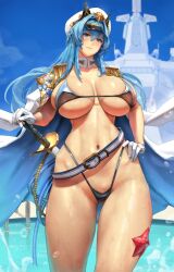 Rule 34 | 1girl, bikini, blue hair, breasts, cape, eu03, goddess of victory: nikke, groin, hand on own hip, hat, helm (nikke), highleg, highleg bikini, highleg swimsuit, jacket, large breasts, long hair, military jacket, navel, outdoors, solo, standing, starfish, swimsuit, sword, water, weapon, white hat