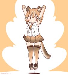 Rule 34 | 1girl, animal ears, arms up, asian golden cat (kemono friends), brown background, brown hair, cat ears, cat girl, cat tail, coroha, elbow gloves, extra ears, full body, gloves, jumping, kemono friends, looking at viewer, necktie, shirt, shoes, simple background, skirt, sleeveless, sleeveless shirt, solo, tail, thighhighs