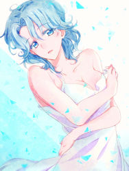 Rule 34 | 1girl, blue (happinesscharge precure!), blue eyes, blue hair, breasts, character request, cleavage, collarbone, dress, gender request, genderswap, hair between eyes, highres, looking at viewer, medium breasts, precure, shiny skin, shipu (gassyumaron), short hair, sleeveless, sleeveless dress, solo, sundress, white dress