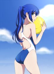 Rule 34 | 10s, 1girl, alternate hairstyle, ass, astarte (strike the blood), ball, blue eyes, blue hair, blue sky, cloud, competition swimsuit, cowboy shot, day, holding, holding ball, long hair, looking at viewer, looking back, one-piece swimsuit, open mouth, ponytail, sky, solo, standing, strike the blood, swimsuit, yyi