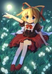 Rule 34 | 1girl, bellflower, blonde hair, blue eyes, bow, capelet, eluthel, female focus, flower, glowing, grass, hair ribbon, highres, lights, lily of the valley, medicine melancholy, night, open mouth, outstretched arm, outstretched hand, puffy sleeves, ribbon, shirt, short hair, short sleeves, sitting, skirt, solo, touhou