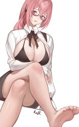 1girl artist_name bare_legs barefoot black_bow black_bowtie black_bra black_skirt blush bow bowtie bra breasts closed_mouth crossed_legs earphones feet foot_focus glasses highres kaiiijr large_breasts long_hair pink_hair purple_eyes shirt simple_background sitting skirt soles solo toes tsukishiro_yanagi underwear white_background white_shirt zenless_zone_zero