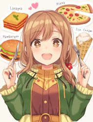 Rule 34 | + +, 1girl, :d, belt, blush, brown eyes, brown hair, brown shirt, burger, butter knife, buttons, commentary request, flower, food, fork, green jacket, hair flower, hair ornament, hands up, heart, holding, holding fork, holding knife, ice cream, ice cream cone, jacket, knife, kunikida hanamaru, lasagne, long hair, long sleeves, looking at viewer, love live!, love live! school idol festival, love live! sunshine!!, open clothes, open jacket, open mouth, pizza, red flower, shiromikan, shirt, sidelocks, smile, solo, teeth, upper body, upper teeth only