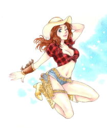 Rule 34 | 1girl, arm up, belt, bike shorts, blue background, blue eyes, blush, boots, breasts, brown hair, claire redfield, cleavage, cowboy boots, cowboy hat, denim, denim shorts, full body, gun, hand in own hair, handgun, hat, high heels, holster, kikimimi 612, knee boots, kneeling, large breasts, legs, looking at viewer, navel, on one knee, plaid, plaid shirt, resident evil, resident evil: revelations 2, revolver, shirt, short shorts, shorts, simple background, smile, solo, star (symbol), tied shirt, weapon, white background