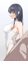 Rule 34 | 1girl, black hair, breasts, brown eyes, competition swimsuit, cowboy shot, grey robe, highleg, highleg swimsuit, highres, long hair, looking at viewer, medium breasts, one-piece swimsuit, original, profile, robe, shoumi kigengire, solo, standing, swimsuit, undressing, white one-piece swimsuit