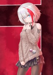 Rule 34 | 1girl, admiral graf spee (azur lane), admiral graf spee (peaceful daily life) (azur lane), aran sweater, azur lane, black pantyhose, black skirt, blue eyes, blunt bangs, blush, breasts, cable knit, cellphone, highres, looking at viewer, multicolored hair, p.i.t.d, pantyhose, phone, red hair, short hair, sidelocks, silver hair, skirt, small breasts, solo, streaked hair, sweater