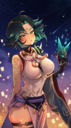 Rule 34 | 1girl, armor, bead necklace, beads, belt, black thighhighs, blurry, blush, breasts, chinese clothes, cloud, cloudy sky, comet, commentary request, dated, depth of field, embarrassed, facial mark, floating, floating object, forehead, forehead mark, foxyreine, genderswap, genderswap (mtf), genshin impact, gradient hair, green hair, head tilt, highres, holding, holding mask, jewelry, lantern, lantern festival, large breasts, looking at viewer, mask, mixed-language commentary, multicolored hair, necklace, night, night sky, oni mask, paper lantern, parted lips, prayer beads, short hair, shoulder armor, side slit, sidelocks, sky, sky lantern, solo, star (sky), starry sky, streaked hair, tattoo, thighhighs, thighlet, thighs, two-tone hair, xiao (genshin impact), yellow eyes