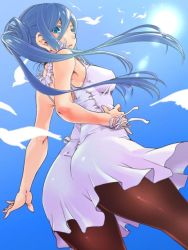 Rule 34 | 10s, 1girl, aoki hagane no arpeggio, ass, bad id, bad twitter id, bare shoulders, bird, black pantyhose, blue eyes, blue hair, blue sky, breasts, day, dress, from behind, gradient background, hand on own hip, light rays, lipstick, long hair, looking at viewer, looking back, makeup, matching hair/eyes, medium breasts, pantyhose, personification, ponytail, sky, solo, sun, sunbeam, sundress, sunlight, takao (aoki hagane no arpeggio), teoshiguruma, twintails, white dress