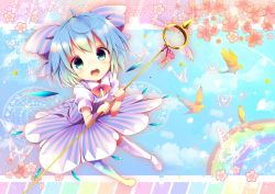 Rule 34 | 1girl, :d, alternate costume, bird, blue eyes, blue hair, bow, bug, butterfly, cirno, dress, hair bow, ice, ice wings, insect, looking at viewer, magic circle, matching hair/eyes, open mouth, polearm, puffy short sleeves, puffy sleeves, rainbow, shirt, short sleeves, smile, solo, striped clothes, striped dress, tareme, thighhighs, touhou, uta (kuroneko), wand, weapon, white thighhighs, wings, zettai ryouiki