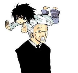 Rule 34 | 00s, 2boys, aged down, artist request, bags under eyes, balancing, barefoot, black hair, black jacket, black necktie, butler, closed eyes, death note, facial hair, feet up, formal, full body, glasses, height difference, jacket, jpeg artifacts, l (death note), lowres, multiple boys, mustache, necktie, old, old man, on head, pants, person on head, shirt, simple background, suit, upper body, watari, white background, white facial hair, white hair, white mustache, white shirt