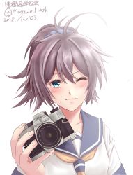 Rule 34 | 1girl, absurdres, antenna hair, aoba (kancolle), artist name, blue eyes, blue scrunchie, camera, dated, highres, kantai collection, looking at viewer, messy hair, neckerchief, one-hour drawing challenge, one eye closed, ponytail, purple hair, purple sailor collar, sailor collar, school uniform, scrunchie, serafuku, simple background, solo, twitter username, upper body, white background, yaegashi (muzzuleflash), yellow neckerchief