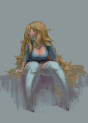 Rule 34 | 1girl, absurdly long hair, adventure time, arms at sides, black footwear, blonde hair, blue shirt, breasts, closed mouth, fionna campbell, full body, hair between eyes, high heels, highres, jonpei, large breasts, long hair, microskirt, no hood, panties, pantyshot, shirt, shoes, sitting, skirt, sleeves past elbows, solo, spread legs, thick thighs, thighhighs, thighs, underwear, very long hair, white panties, white thighhighs, wide hips