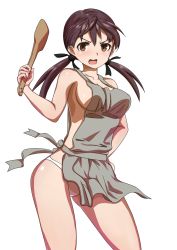 Rule 34 | 1girl, apron, areola slip, blush, breasts, brown eyes, brown hair, cleavage, gertrud barkhorn, hair ornament, hair ribbon, hand on own hip, highres, holding, holding ladle, ladle, large breasts, looking at viewer, naked apron, open mouth, panties, pen tsutsuki, ribbon, shiny skin, sideboob, simple background, solo, standing, strike witches, twintails, underwear, white background, white panties, world witches series