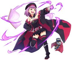 Rule 34 | 1girl, bare shoulders, black thighhighs, blush, book, coat, fate/grand order, fate (series), flat chest, full body, hat, helena blavatsky (fate), helena blavatsky (third ascension) (fate), open mouth, purple eyes, purple hair, shiime, short hair, simple background, smile, solo, strapless, thighhighs, white background