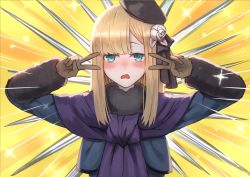 Rule 34 | 1girl, black headwear, blonde hair, blue eyes, blue jacket, blue scarf, blush, breasts, brown gloves, double v, emotional engine - full drive, fate/grand order, fate (series), flower, fur collar, gloves, gomashiwo o, grey flower, hands up, jacket, long hair, long sleeves, looking at viewer, lord el-melloi ii case files, open mouth, parody, reines el-melloi archisorte, rose, scarf, small breasts, solo, sparkle, tilted headwear, v, volumen hydragyrum (fate), white flower, white rose, yellow background