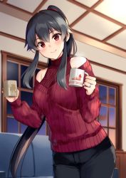 Rule 34 | 1girl, alternate costume, bare shoulders, black hair, black pants, blush, breasts, couch, cup, hair between eyes, holding, holding cup, ichinomiya (blantte), indoors, kantai collection, long hair, medium breasts, mug, night, pants, ponytail, red eyes, red sweater, ribbed sweater, sidelocks, smile, solo, steam, sweater, window, yahagi (kancolle)