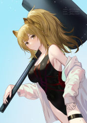 Rule 34 | 1girl, :/, animal ears, arknights, armpit crease, bare shoulders, black nails, black one-piece swimsuit, blonde hair, breasts, brown eyes, cleavage, competition swimsuit, covered navel, gogatsu fukuin, hammer, highres, holding, holding hammer, huge weapon, jacket, lion ears, lion girl, lofter username, long hair, looking at viewer, medium breasts, nail polish, off shoulder, one-piece swimsuit, over shoulder, ponytail, sidelocks, siege (arknights), solo, swimsuit, thigh strap, twitter username, two-tone swimsuit, weapon, weapon over shoulder, weibo username, wet, wet clothes, wet swimsuit, white jacket