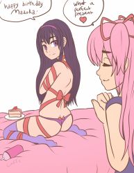 Rule 34 | 10s, 2girls, akemi homura, back, bare back, black hair, caffeccino, closed eyes, english text, gift wrapping, hair ribbon, hairband, happy birthday, kaname madoka, long hair, looking at another, mahou shoujo madoka magica, mahou shoujo madoka magica (anime), multiple girls, naked ribbon, on bed, panties, pink hair, purple eyes, ribbon, signature, simple background, sitting, thighhighs, topless, twintails, underwear, white background, yuri