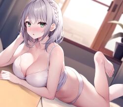 Rule 34 | 1girl, bare shoulders, barefoot, blush, breasts, cleavage, crop top, feet, foot out of frame, green eyes, grey hair, haru (re ilust), highres, hololive, large breasts, legs, looking at viewer, lying, midriff, on stomach, open mouth, panties, shirogane noel, shirt, solo, sweat, toenails, toes, underwear, virtual youtuber, white panties, white shirt
