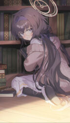 Rule 34 | 1girl, artist name, bags under eyes, black hair, black pantyhose, blue archive, blue hairband, blue ribbon, blush, book, bookshelf, cardigan, commentary, from behind, glasses, grin, hair ribbon, hairband, halo, highres, holding, holding book, indoors, jitome, library, long hair, long skirt, looking at viewer, low twintails, machico maki, on floor, pantyhose, pile of books, pleated skirt, ribbon, round eyewear, shirt, signature, sitting, skirt, slippers, smile, solo, twintails, ui (blue archive), very long hair, wariza, white shirt, white skirt, wooden floor