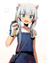 Rule 34 | absurdres, animal ears, bag, bloop (gawr gura), blue dress, blue eyes, blue nails, cat ears, commentary, cowboy shot, cube hair ornament, dress, gawr gura, gawr gura (casual), grey hair, hair ornament, hand puppet, highres, hololive, hololive english, ishikawa 147, looking at viewer, multicolored hair, official alternate costume, open mouth, puppet, sharp teeth, shoulder bag, side ponytail, simple background, sleeveless, sleeveless dress, streaked hair, teeth, virtual youtuber, white background