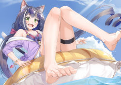 Rule 34 | 1girl, animal ear fluff, animal ears, barefoot, bikini, black hair, blue sky, bracelet, bridal garter, cat ears, cat girl, cat tail, cloud, commentary request, day, eyewear on head, feet, green eyes, jewelry, karyl (princess connect!), karyl (summer) (princess connect!), legs, long hair, looking at viewer, low twintails, miri (ago550421), multicolored hair, open mouth, princess connect!, sky, solo, streaked hair, sunglasses, sunlight, swimsuit, tail, teeth, twintails, upper teeth only, water, white hair