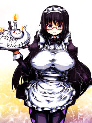 Rule 34 | 10s, 1girl, akemi homura, alternate breast size, alternate costume, apron, bow, breasts, candle, candy, enmaided, fire, fire, food, glasses, happy, huge breasts, knife, kyubey, long hair, mahou shoujo madoka magica, mahou shoujo madoka magica (anime), maid, maid apron, maid headdress, pantyhose, pink eyes, purple eyes, purple hair, purple pantyhose, red-framed eyewear, red eyes, sentarou, shirt, smile, taut clothes, taut shirt, tray, very long hair, waitress