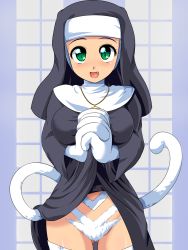 Rule 34 | 1girl, animal hands, blush, breasts, capcom, cat tail, clothes lift, dress, dress lift, fang, felicia (vampire), fur, gluteal fold, green eyes, habit, highres, jewelry, konpeto, large breasts, necklace, nun, official alternate costume, open mouth, own hands clasped, own hands together, pendant, solo, tail, vampire (game)