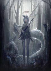 Rule 34 | 1girl, blue eyes, feathered wings, full body, fuyukono, glowing, glowing eyes, grey hair, halo, highres, holding, holding sword, holding weapon, hood, hood up, horns, jewelry, medium hair, navel, necklace, original, outdoors, rain, revision, sheath, sheathed, shirt, single horn, single wing, skull, solo, standing, sword, tail, tree, weapon, wings