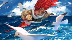 Rule 34 | 1boy, artist name, bird, blonde hair, boku no hero academia, boots, brown jacket, brown pants, cloud, closed eyes, feathered wings, flying, forehead, full body, fur trim, gloves, goggles, gold trim, hawks (boku no hero academia), jacket, kadeart, lower teeth only, male focus, ocean, open mouth, pants, red wings, seagull, see-through, short hair, sky, smile, solo, spiked hair, teeth, thick eyebrows, upper teeth only, waves, wings