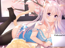 Rule 34 | 1girl, absurdres, animal ear fluff, animal ears, ass, bare arms, bare shoulders, black thighhighs, blue camisole, blush, bottomless, branch, breasts, camisole, cat ears, cat girl, cat tail, cleavage, closed mouth, collarbone, commentary request, computer, copyright request, hair between eyes, highres, indoors, laptop, large breasts, leg up, long hair, lying, no shoes, on stomach, purple eyes, rinringyo, silver hair, smile, soles, solo, strap slip, tail, tail raised, thighhighs, two side up, very long hair, window