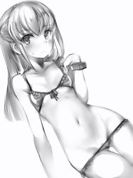 Rule 34 | 1girl, bad id, bad twitter id, bikini, blush, bracelet, breasts, cameltoe, closed mouth, copyright request, dutch angle, front-tie bikini top, front-tie top, greyscale, hand up, highres, jewelry, long hair, looking at viewer, lowleg, lowleg bikini, monochrome, nanashi (nlo), navel, simple background, small breasts, solo, stomach, sweat, swimsuit, white background
