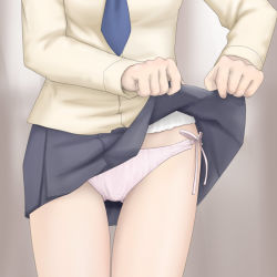 Rule 34 | blouse, clothes lift, lifted by self, necktie, panties, shirt, side-tie panties, skirt, skirt lift, solo, standing, thigh gap, thighs, underwear, white panties