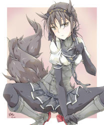 Rule 34 | 10s, 1girl, artist name, black gloves, black hair, black pantyhose, bodice, boots, border, brown eyes, dated, elbow gloves, eyebrows, falco arrow, gloves, grey footwear, hachimaki, hair flaps, hand on own chest, hatsuzuki (kancolle), head tilt, headband, highres, kantai collection, knee boots, looking at viewer, looking to the side, pantyhose, parted lips, paw pose, pink background, puffy short sleeves, puffy sleeves, short sleeves, skirt, solo, spread legs, squatting, tail, thick thighs, thighs, turtleneck, underbust, white border, wolf tail