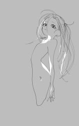 Rule 34 | 1girl, completely nude, cropped legs, enoki oishiine, expressionless, flat chest, kamisaki hikaru, long hair, looking at viewer, medalist (manga), monochrome, nude, parted lips, ponytail, simple background, sketch, solo, thigh gap