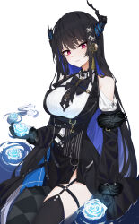 Rule 34 | 1girl, absurdres, asymmetrical horns, belt, black belt, black dress, black hair, black thighhighs, blue flower, blue hair, breasts, clothing cutout, collared shirt, colored inner hair, dress, flower, highres, holding, holding flower, hololive, hololive english, horns, large breasts, long hair, looking at viewer, mole, mole under eye, multicolored hair, nerissa ravencroft, nerissa ravencroft (1st costume), o-ring, o-ring thigh strap, red eyes, ru yan, shirt, shoulder cutout, smile, solo, thigh strap, thighhighs, uneven horns, virtual youtuber, water, white background, white shirt