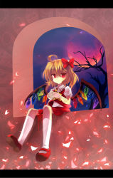 Rule 34 | 1girl, ahoge, bat wings, blood, cup, embodiment of scarlet devil, empty eyes, expressionless, female focus, flandre scarlet, full moon, highres, kneehighs, kuroyurihaze, letterboxed, mary janes, moon, no headwear, ponytail, red eyes, red moon, shoes, short hair, side ponytail, sitting, socks, solo, spill, teacup, touhou, white socks, windowsill, wings