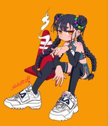 Rule 34 | 1girl, bare shoulders, black hair, black sleeves, black thighhighs, blue shirt, blue skirt, braid, cigarette, closed mouth, crop top, detached sleeves, dice earrings, double bun, fila, full body, hair bun, hair ornament, hand up, highres, holding, holding cigarette, light blush, long hair, long sleeves, looking at viewer, miniskirt, nao97122, orange background, orange eyes, original, revision, ringed eyes, shirt, shoes, signature, simple background, sitting, skirt, sleeveless, sleeveless shirt, smoke, smoking, sneakers, solo, thighhighs, traffic cone, twin braids, very long hair, white footwear, yin yang, yin yang print